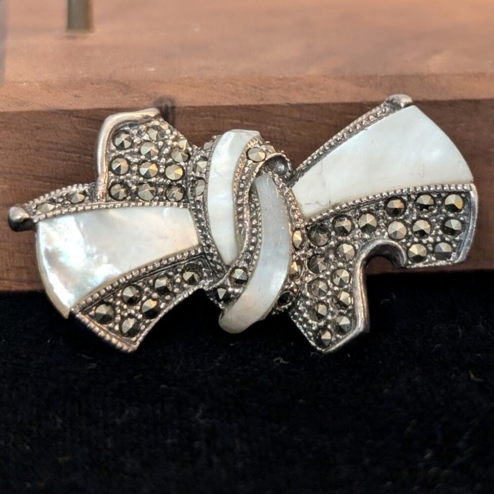 Vintage Sterling Mother of Pearl Marcasite Bow Brooch
